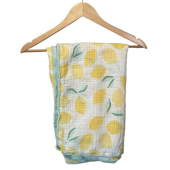 Cloud Island Cotton Swaddling Baby Blanket Lemons Leaves Pom Pom Trim - Picture 1 of 7